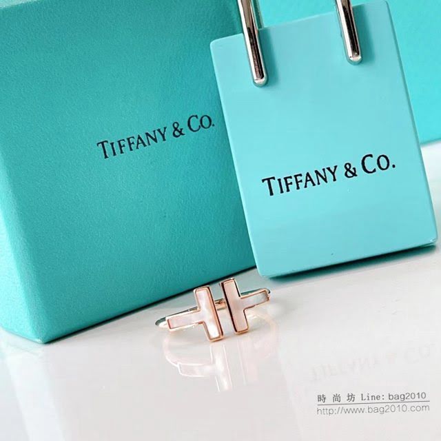 Tiffany純銀飾品 蒂芙尼女士專櫃爆款Two T系列白貝開口雙t鑽石戒指  zgt1766